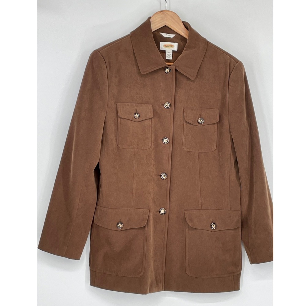 Talbots Womens Jacket 10 Field Brown Faux Suede Stretch Safari Utility